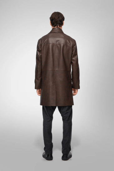 Men’s Coffee Brown Leather Coat – Casual Mid-Length Outerwear