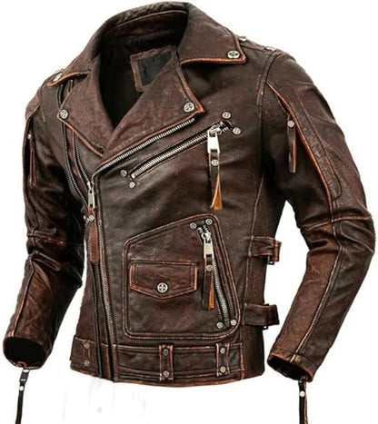 Men’s Distressed Brown Leather Biker Jacket – Vintage Motorcycle Style