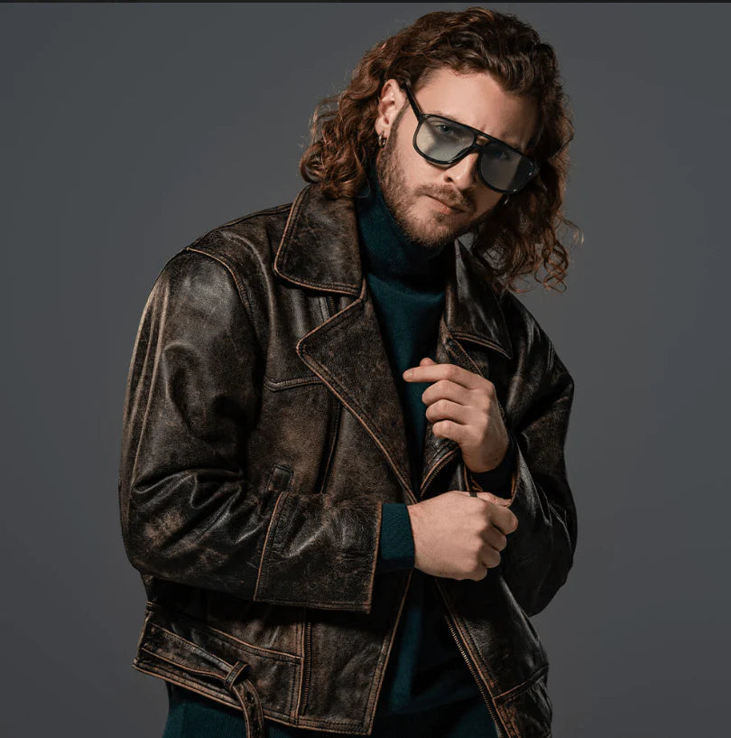 Men's Black Distressed Leather Vintage Jackets with Belt