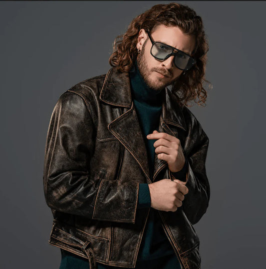 Men's Black Distressed Leather Vintage Jackets with Belt