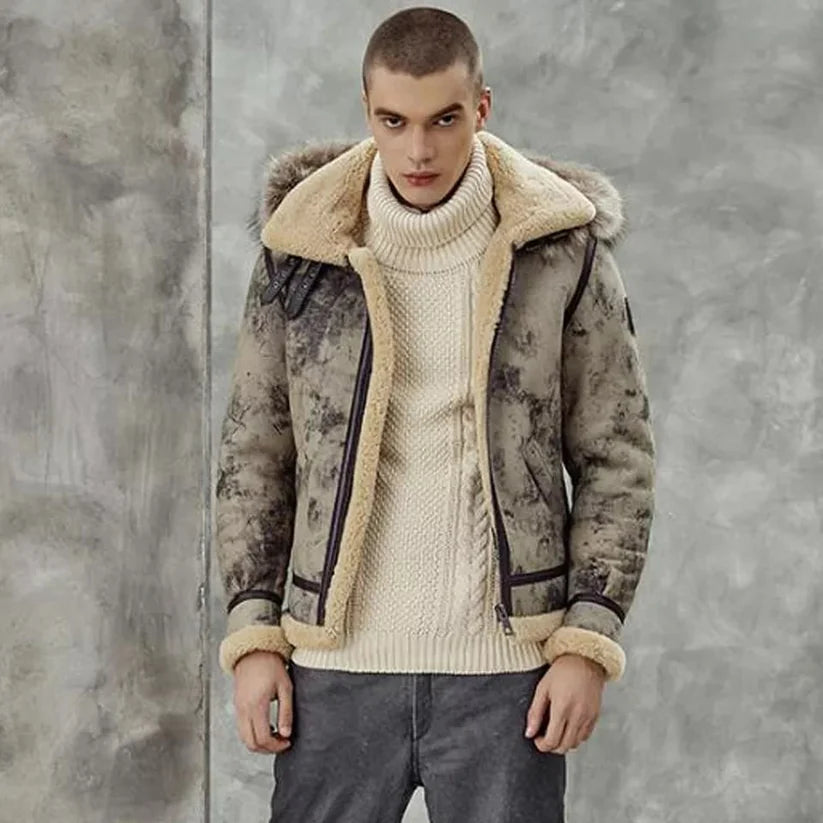 Men's Distressed Shearling Leather Jacket With Fur Hooded