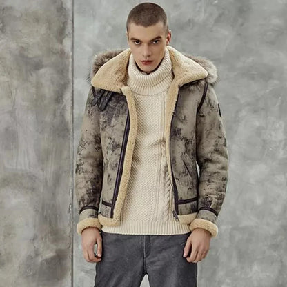 Men's Distressed Shearling Leather Jacket With Fur Hooded