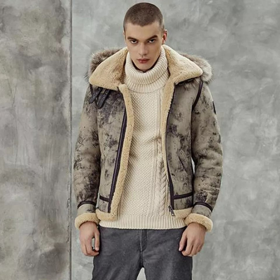 Men’s Distressed Shearling Leather Jacket with Fur Hood