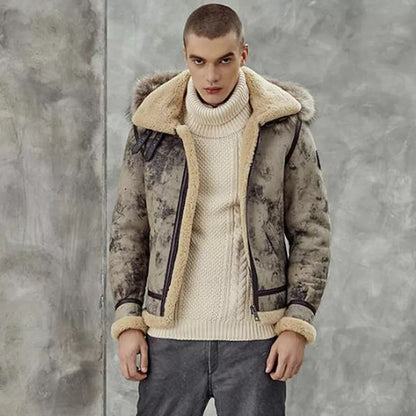Men’s Distressed Shearling Leather Jacket with Fur Hood