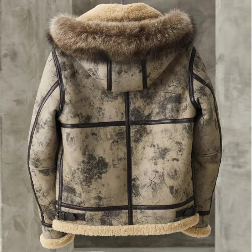 Men’s Distressed Shearling Leather Jacket with Fur Hood