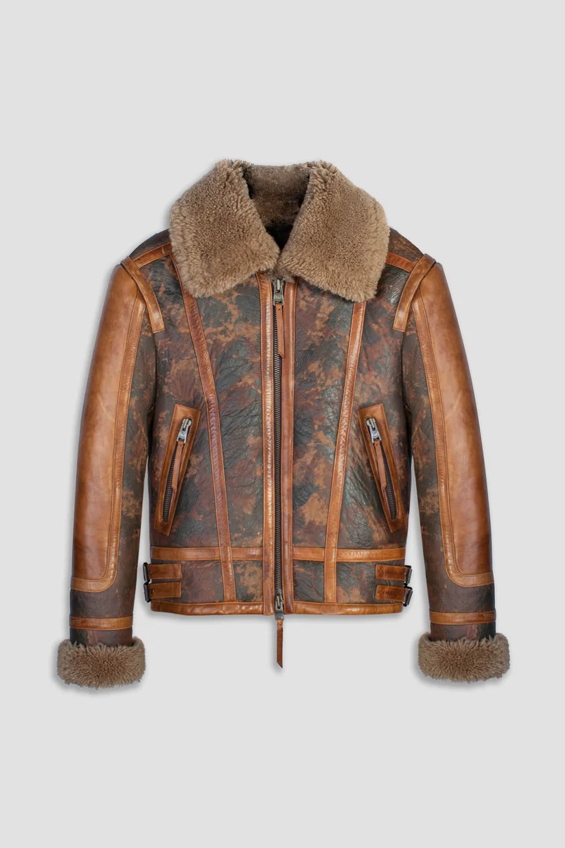 Men’s Distressed Sheepskin Leather Shearling Jacket in Dark Brown