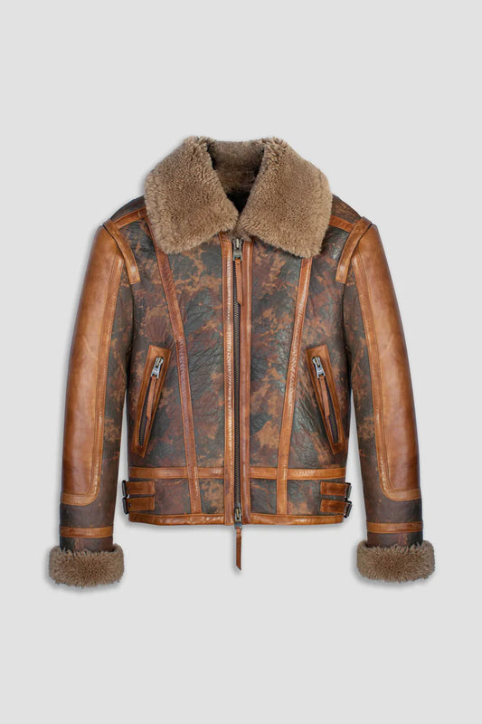 Men’s Distressed Sheepskin Leather Shearling Jacket in Dark Brown