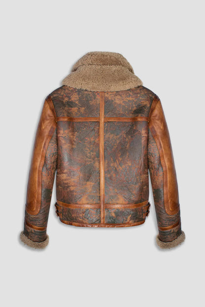 Men’s Distressed Sheepskin Leather Shearling Jacket in Dark Brown
