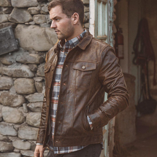 Men’s Distressed Trucker Leather Jacket in Dark Brown