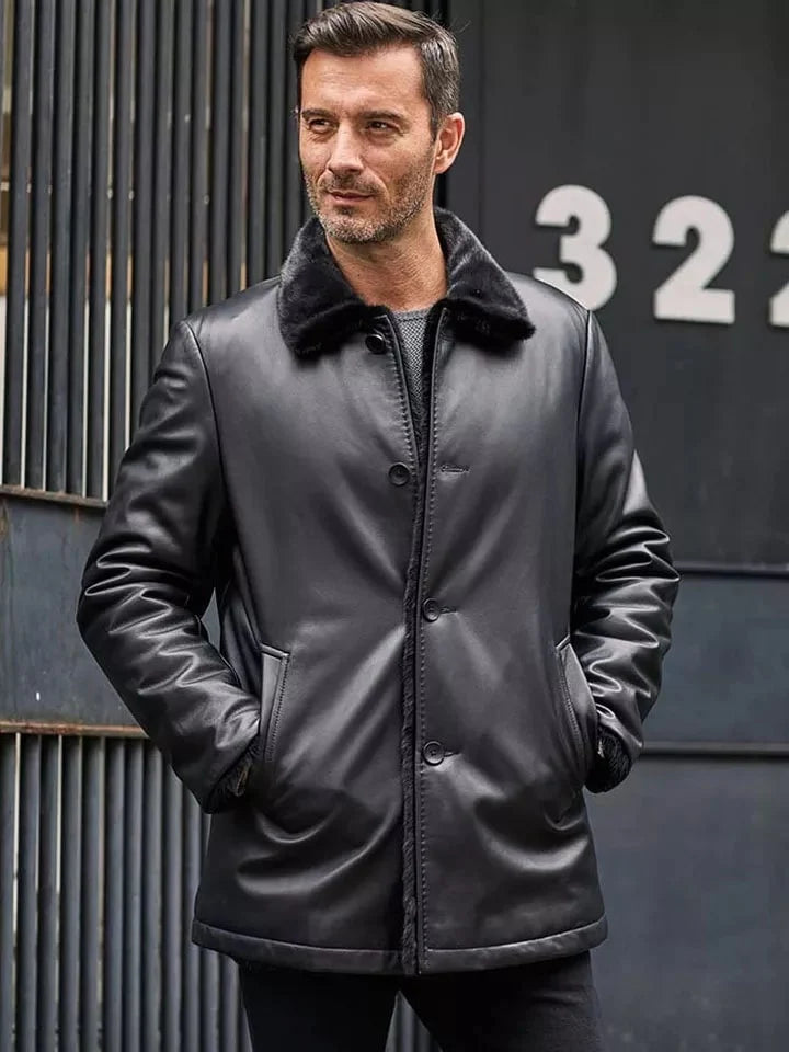 Men's Double Sided Fur Shearling Leather Coat in Black