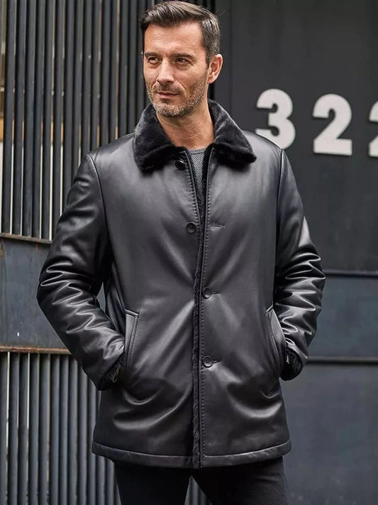 Men's Double Sided Fur Shearling Leather Coat in Black