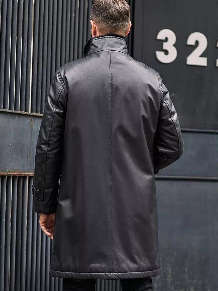 Men’s Double-Sided Shearling Leather Coat – Long Black Fur-Lined Winter Jacket