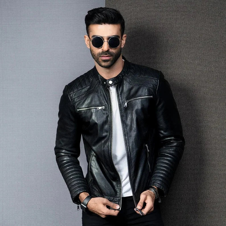 Men’s Handmade Slim Fit Black Leather Motorcycle Jacket – Classic Biker Gift for Him
