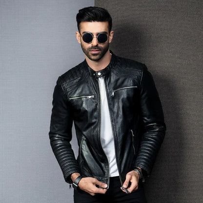 Men’s Handmade Slim Fit Black Leather Motorcycle Jacket – Classic Biker Gift for Him