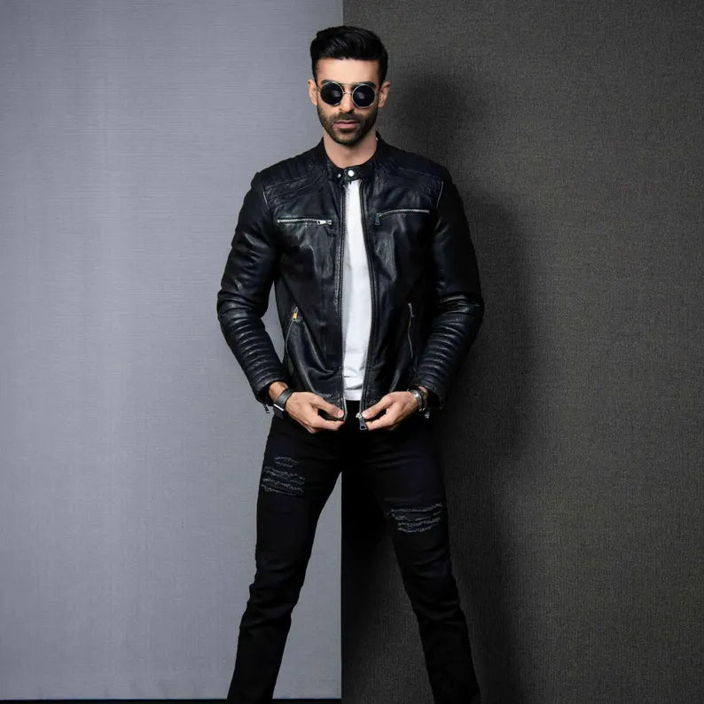 Men’s Handmade Slim Fit Black Leather Motorcycle Jacket – Classic Biker Gift for Him