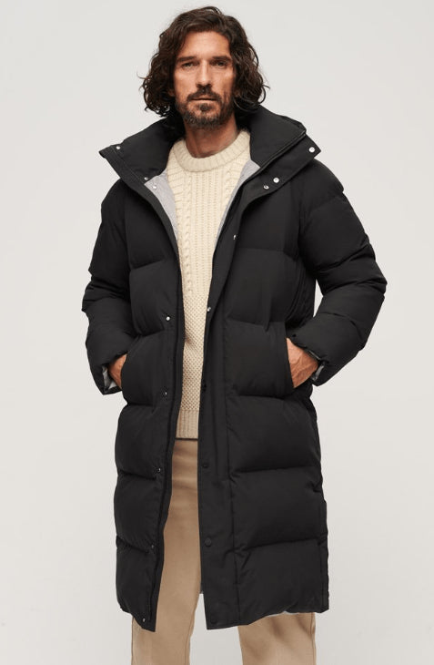 Men’s Black Hooded Puffer Trench Coat – Long Winter Jacket