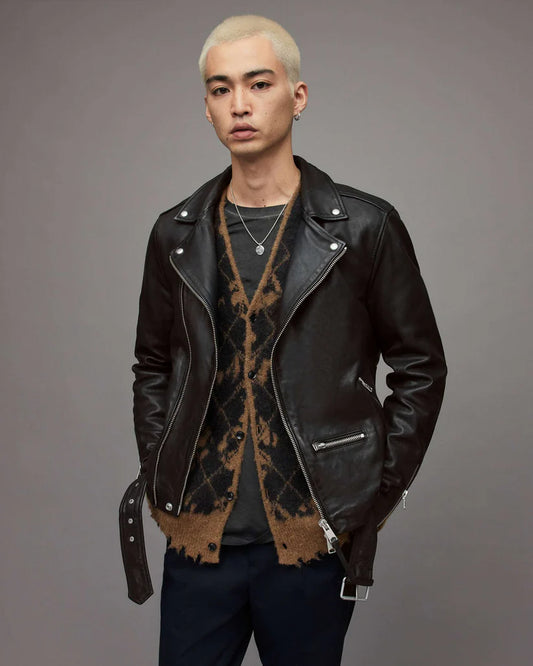 Men's Black Leather Biker Jackets with Belt