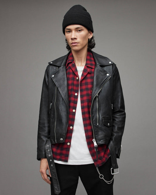 Men's Black Leather Biker Jacket with Shoulder Straps