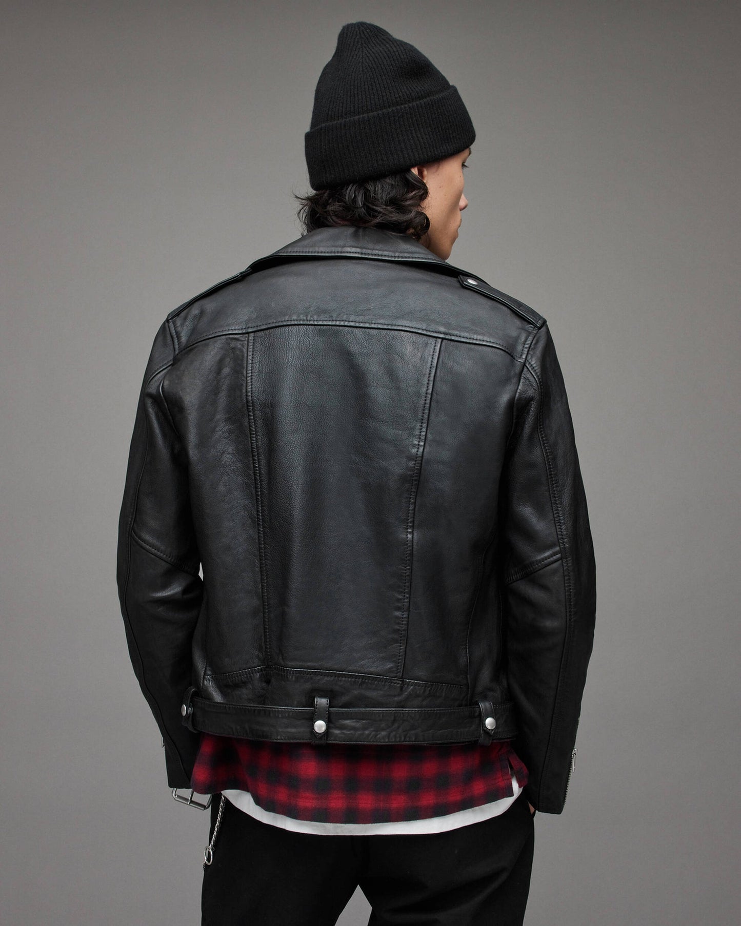 Men's Black Leather Biker Jacket with Shoulder Straps