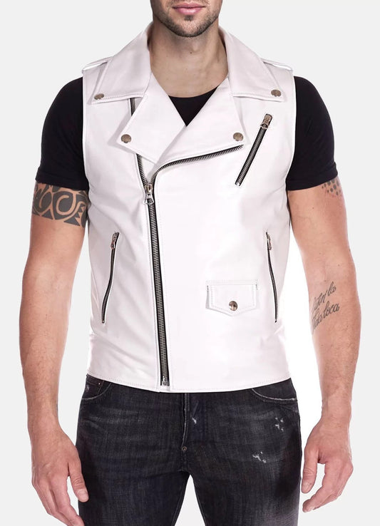 Men's White Leather Biker Vest