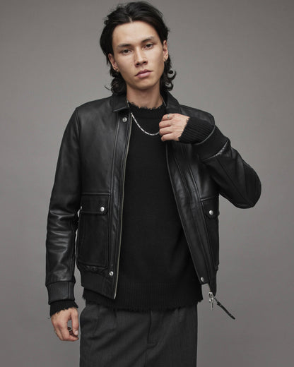 Men's Black Leather Harrington Bomber Jacket – Classic Rebel Style
