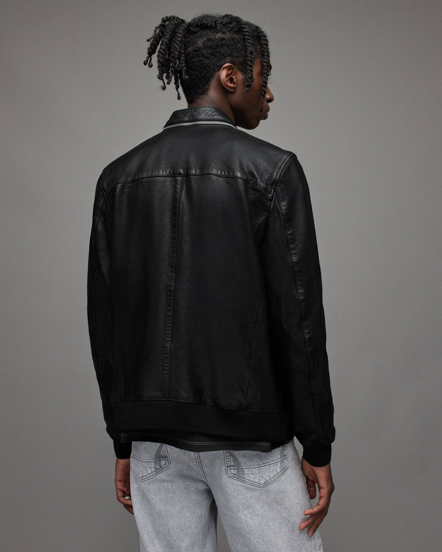 Men’s Black Leather Bomber Jacket with Dual Collar
