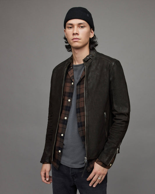 Men's Black Leather Harrington Jacket with Band Collar