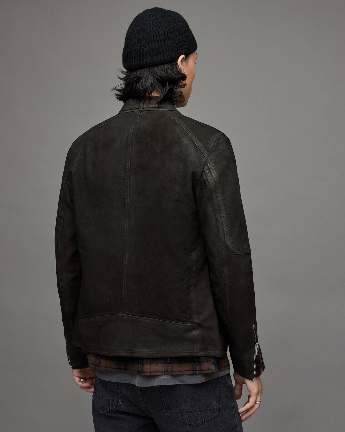 Men's Black Leather Harrington Jacket with Band Collar