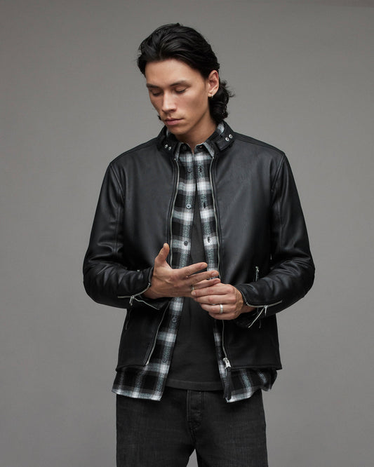 Men's Black Leather Harrington Jacket with Band Collar