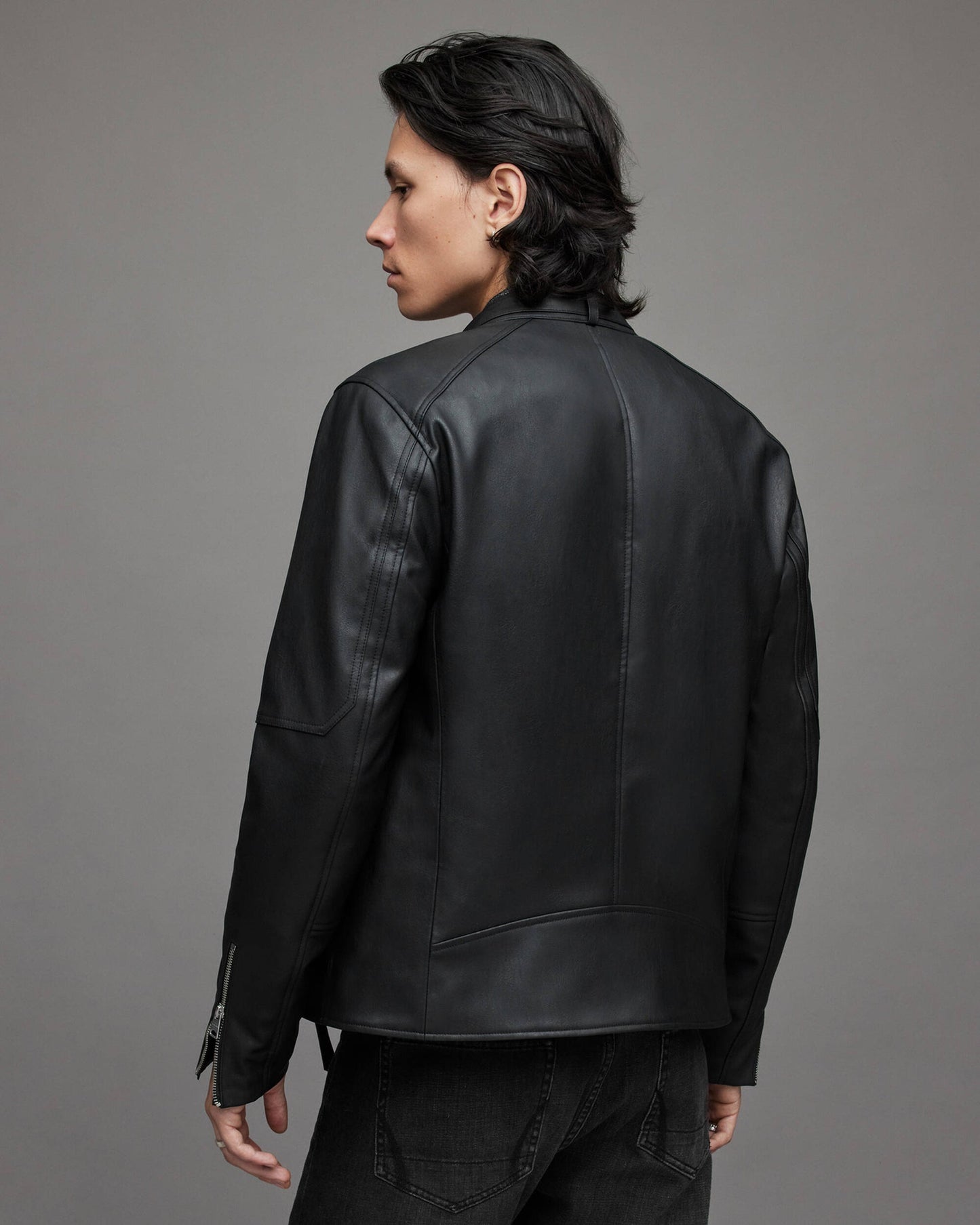 Men's Black Leather Harrington Jacket with Band Collar