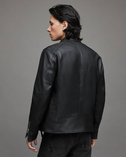 Men's Black Leather Harrington Jacket with Band Collar