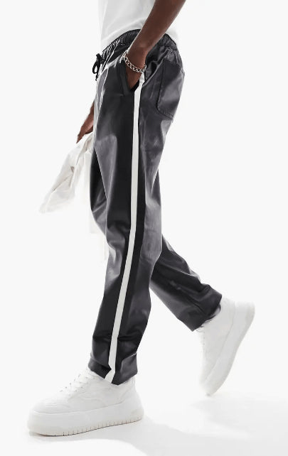 Men's Black Leather Pants with White Strap