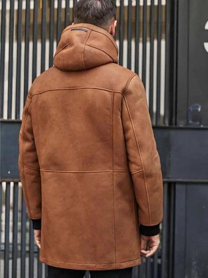 Men’s Brown Leather Shearling Coat with Hood – Warm & Stylish