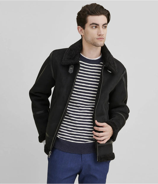 Men’s Black Suede Leather Shearling Jacket – Winter Fur Lined Outerwear