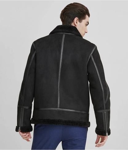 Men’s Black Suede Leather Shearling Jacket – Winter Fur Lined Outerwear