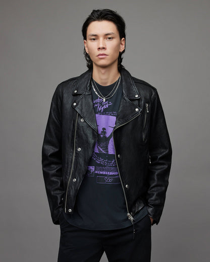 Vintage Black Leather Biker Jacket for Men