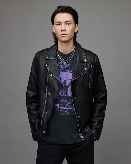 Vintage Black Leather Biker Jacket for Men