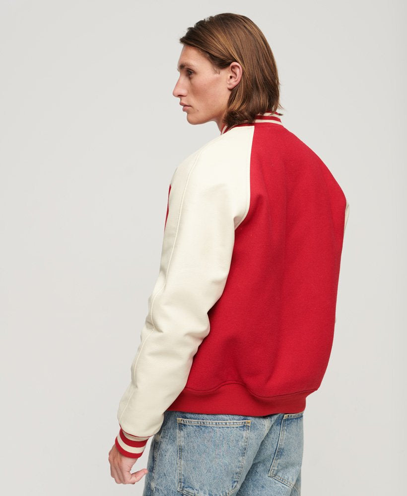 Men’s Red & White Varsity Leather Letterman Jacket – Classic Bomber Style