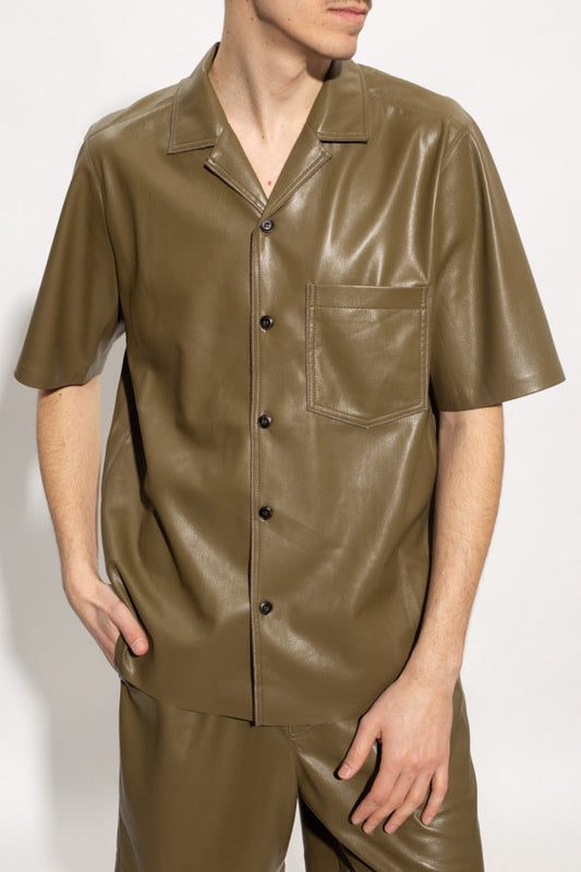 Men’s Olive Green Suede Leather Half Sleeve Shirt