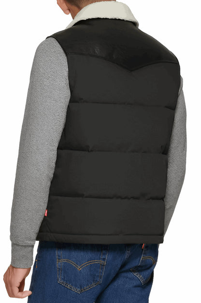 Men's Black Leather Puffer Vest with Shearling Collar
