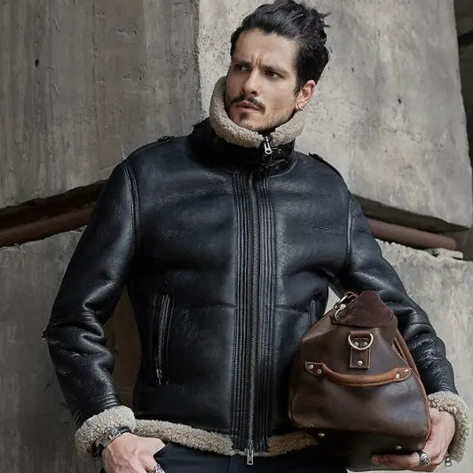 Men's RAF Shearling Fur Leather Jacket in Black