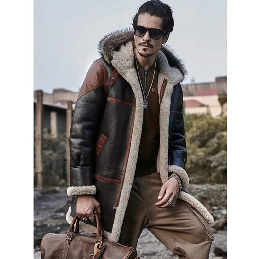 Men’s Black Shearling Leather Coat with Hood – Timeless Winter Elegance