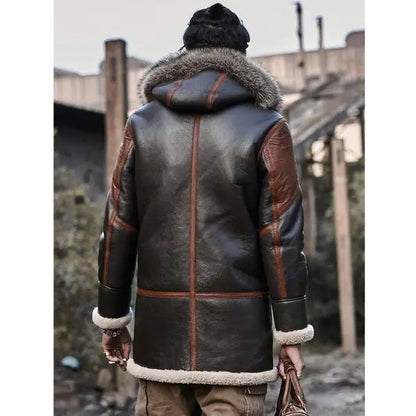 Men’s Black Shearling Leather Coat with Hood – Timeless Winter Elegance