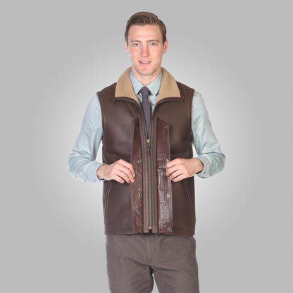 Men’s Chocolate Brown Shearling Leather Vest – Warm & Stylish Winter Vest