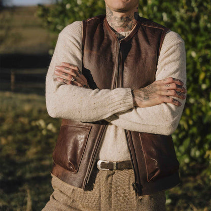 Men's Chocolate Brown Shearling Leather Vest with Crackle Texture