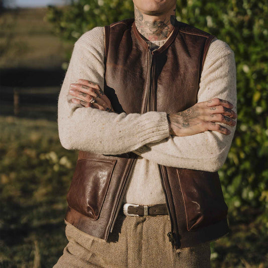 Men's Chocolate Brown Shearling Leather Vest with Crackle Texture