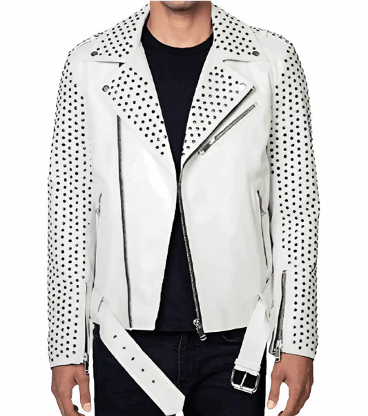 Men’s White Studded Leather Biker Jackets