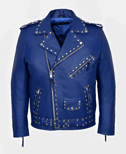 Men's Studded Leather Biker Jacket in Blue
