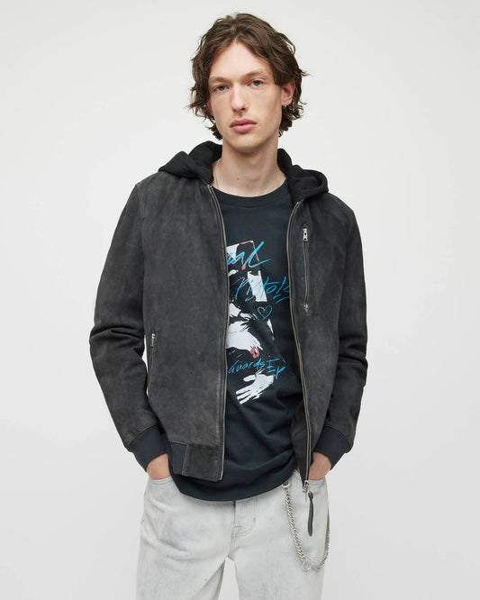 Men’s Black Suede Leather Bomber Jacket with Removable Hood – Stylish Winter Outerwear