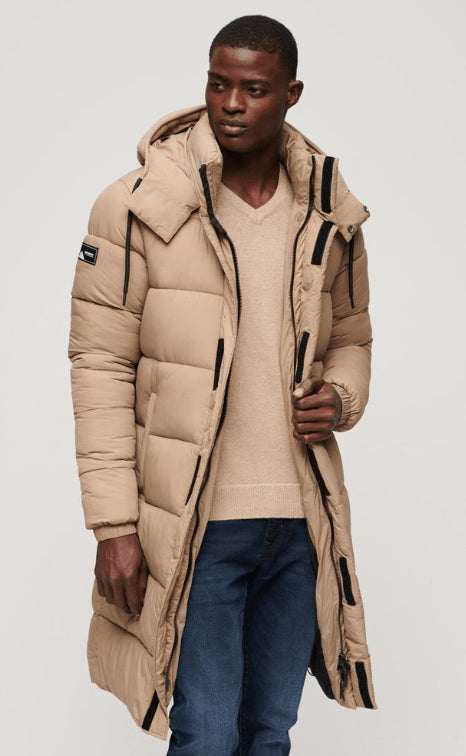 Tan Brown Trench Puffer Hooded Coat for Men